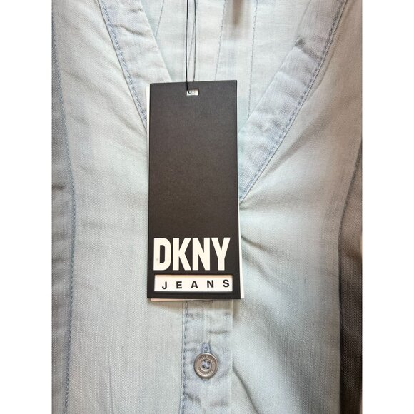 NWT DKNY Jeans Womens Blouse Small Light Washed Blue Denim Long Sleeve Pintuck - Picture 4 of 13